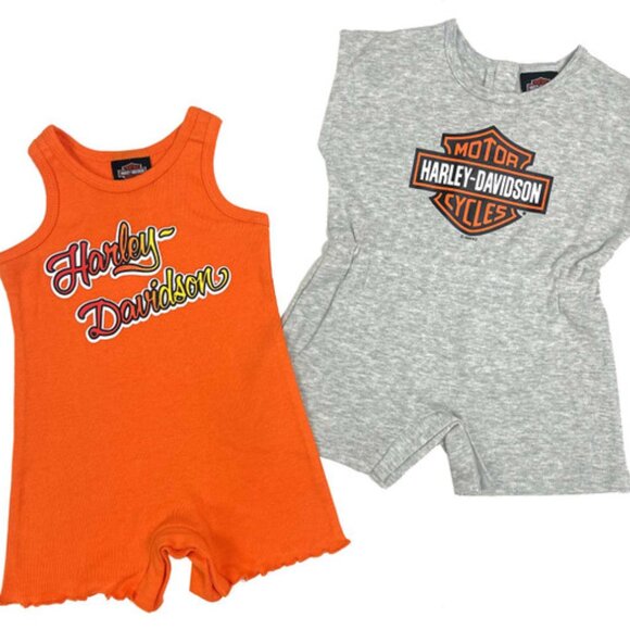 Harley-Davidson Baby Girls' 2-Piece Newborn Sleeveless Romper Set Gray/Orange - Picture 1 of 1